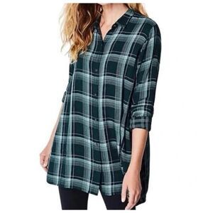 J. Jill Mixed Plaid Double Cloth Tunic Soft Button Up Shirt Sz L Long Sleeve